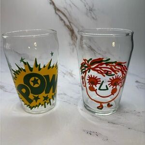 Set of 2 Small Vintage Drinking Glasses - POW & Smiley Face